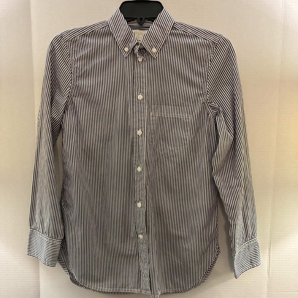 J.Crew Button Down Shirt Women 0 Navy White Striped Classic Poplin Cotton Preppy